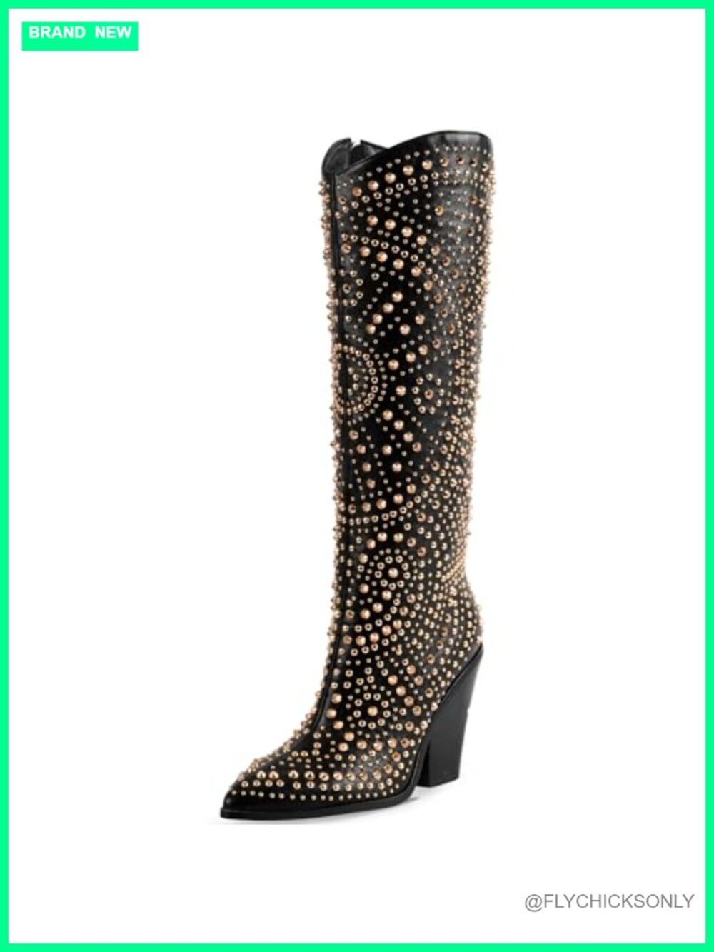 Studded Knee High Faux Leather Boots Pointed Toe Chunky Heel